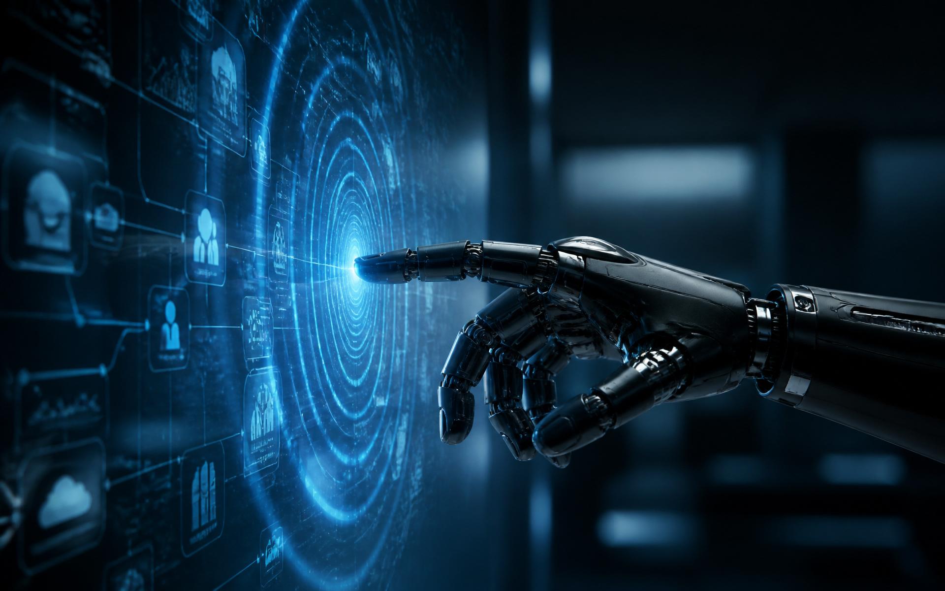 A mechanical AI hand touches a holographic interface; concentric electric-blue ripples reveal enterprise workflows, dashboards, and integrations spreading across the organization.